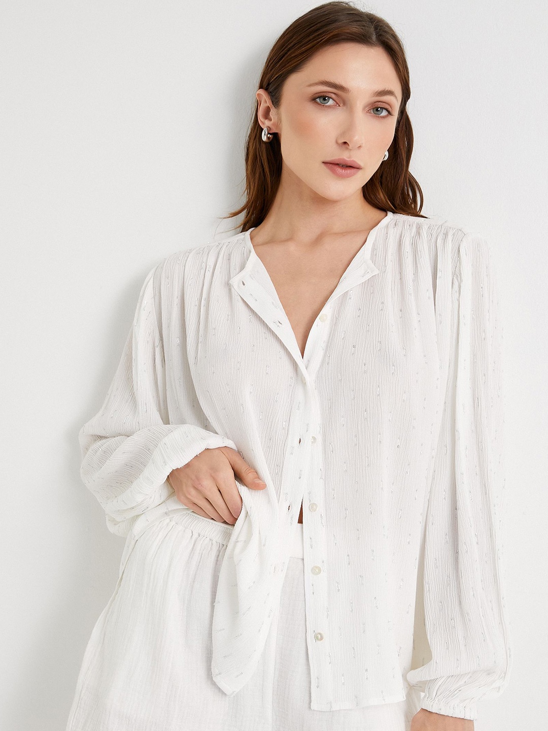 

Koton Women Mandarin Collar Solid Oversized Casual Shirt, Off white