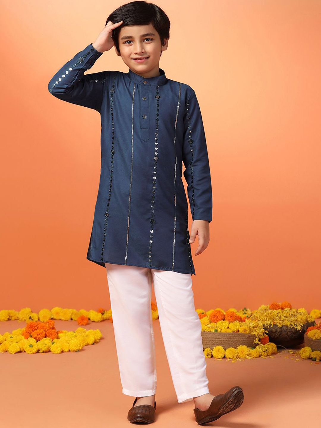 

FASHION DREAM Boys Geometric Embroidered Mirror Work Kurta with Pyjama, Blue