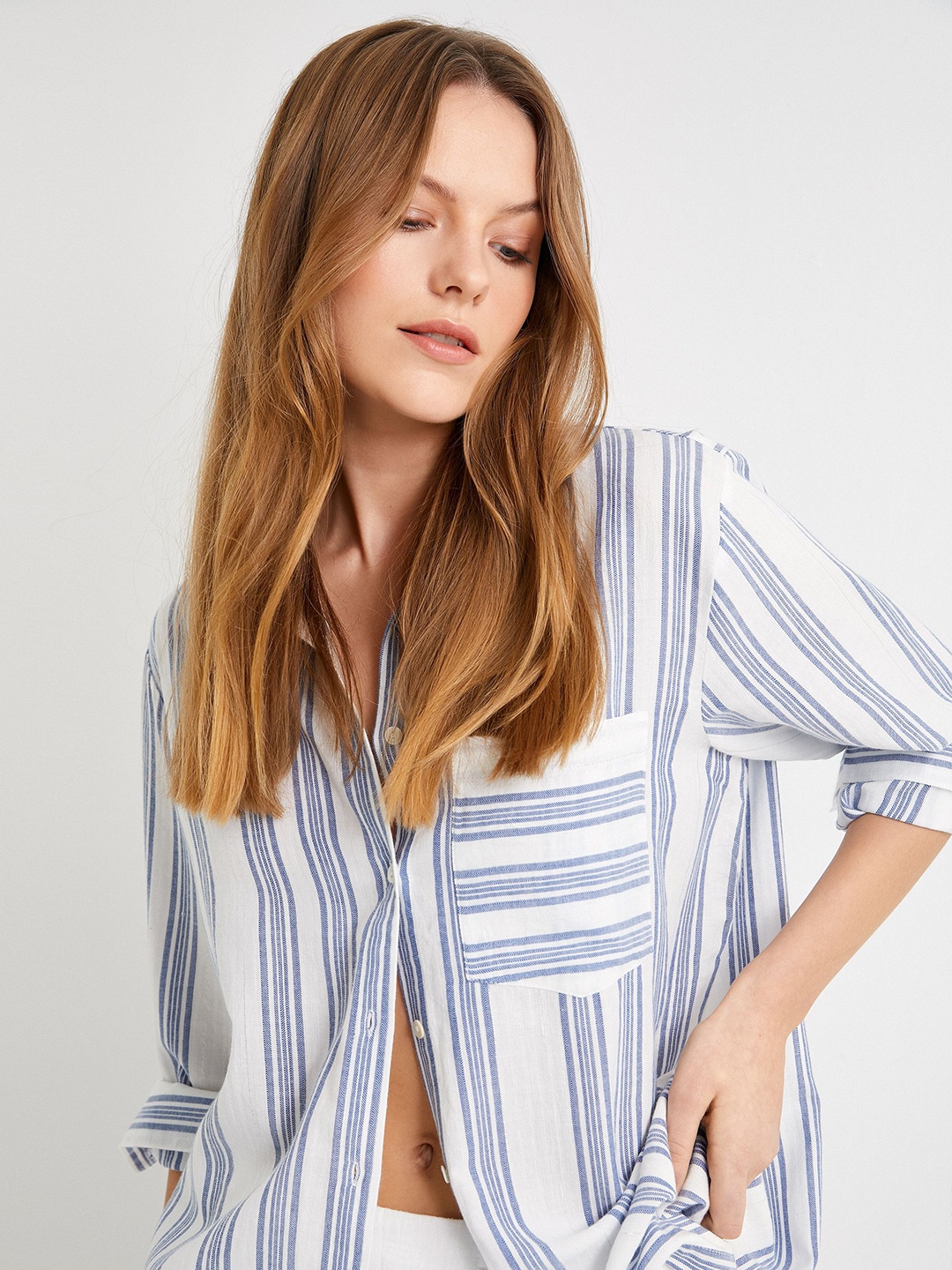 

Koton Women Spread Collar Vertical Striped Cotton Casual Shirt, Blue