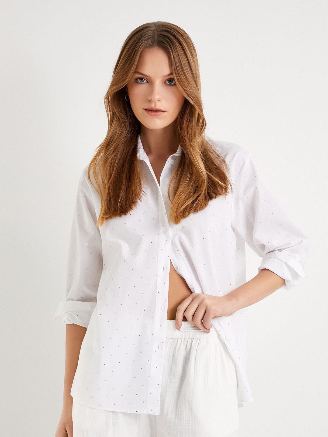 

Koton Women Spread Collar Solid Cotton Oversized Casual Shirt, White