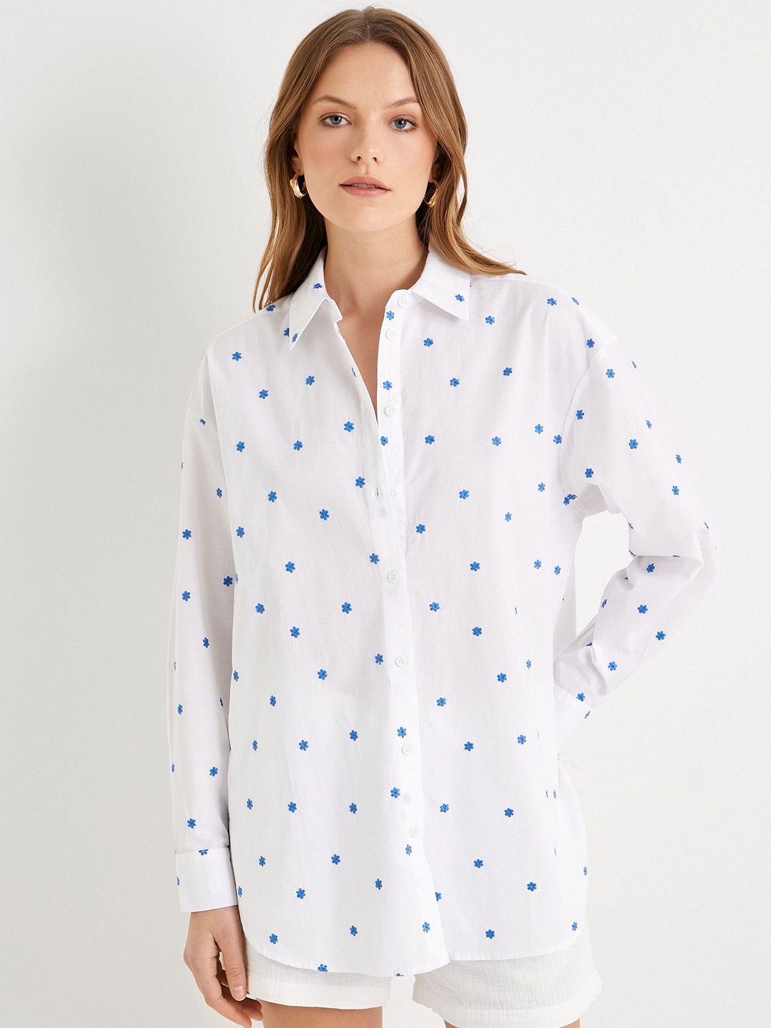 

Koton Women Spread Collar Floral Printed Oversized Cotton Casual Shirt, White