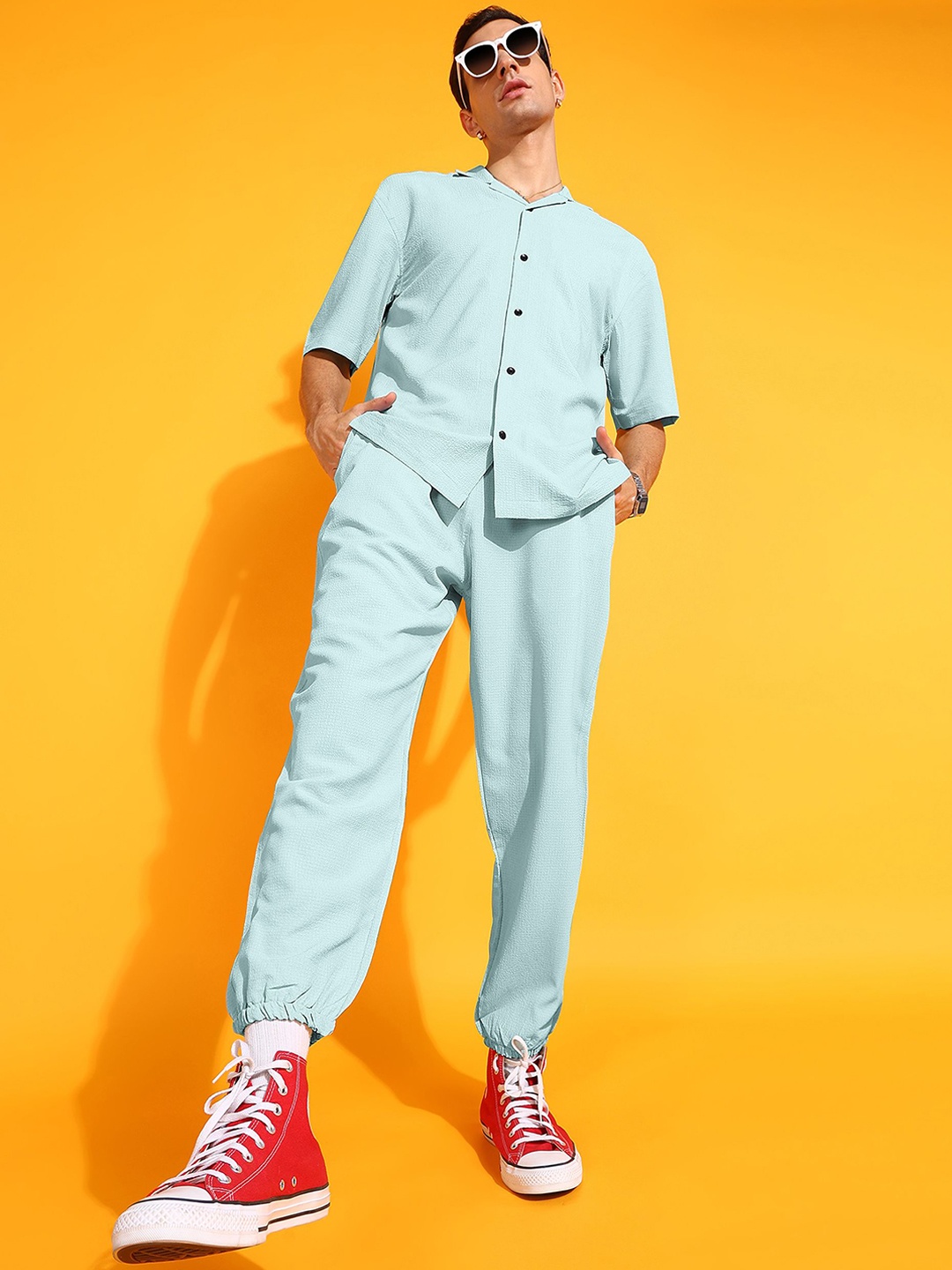 

INDICLUB Men Self Design Shirt & Jogger Co-Ords, Turquoise blue