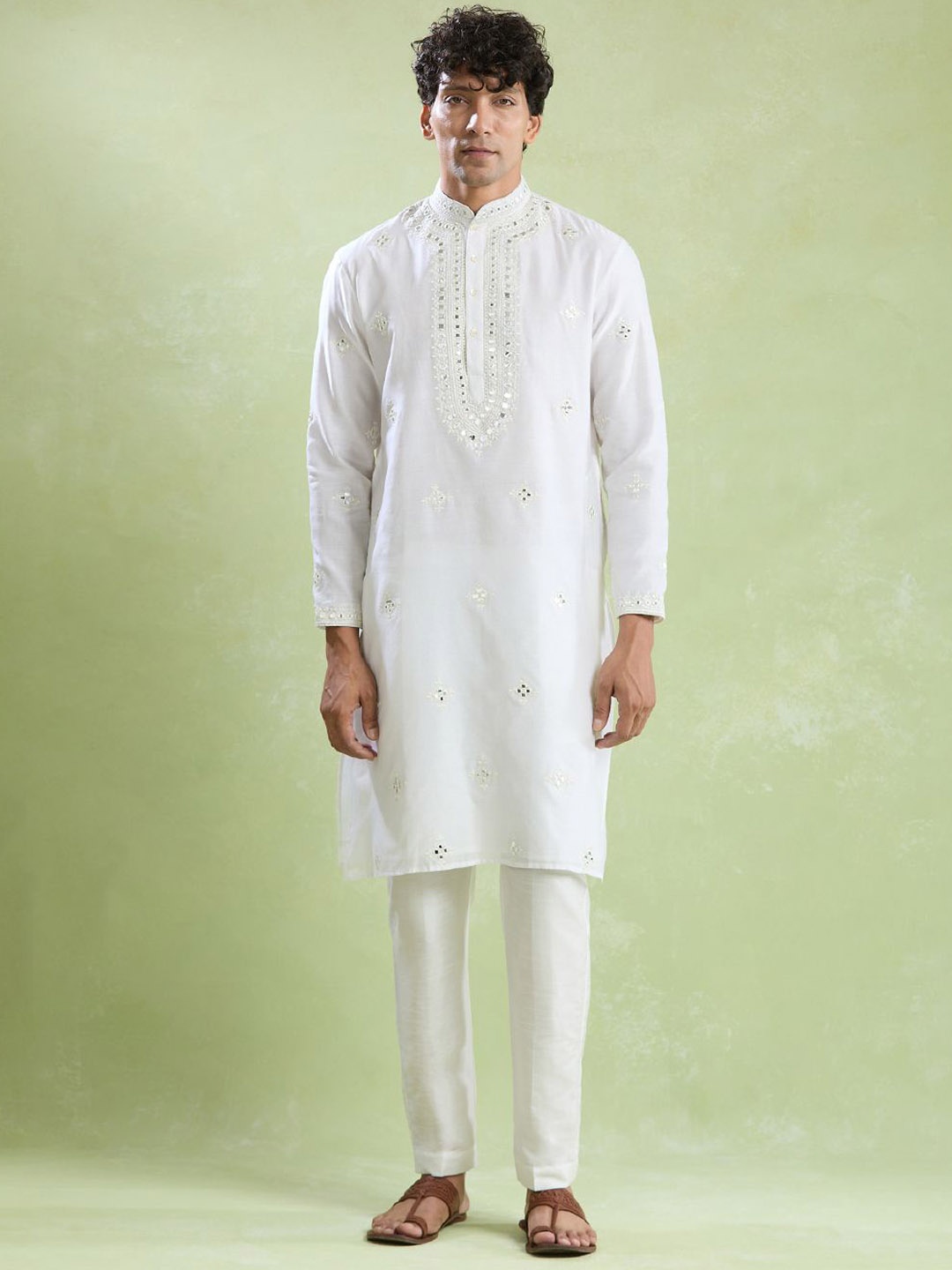 

Arihant Rai Sinha Ethnic Motifs Embroidered Mirror Work Kurta with Pyjamas, White