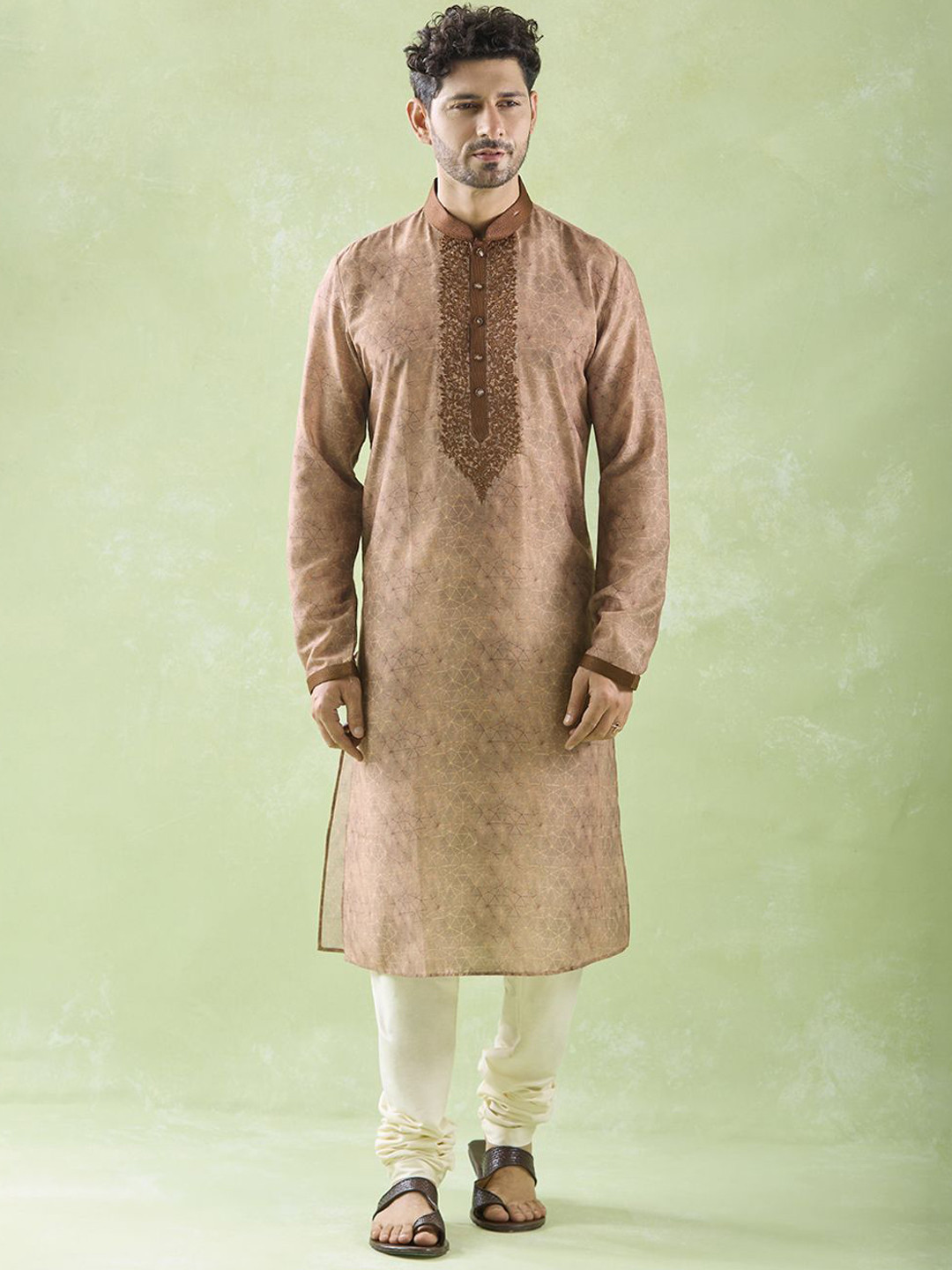 

Arihant Rai Sinha Floral Embroidered Mandarin Collar Straight Kurta With Churidar, Brown