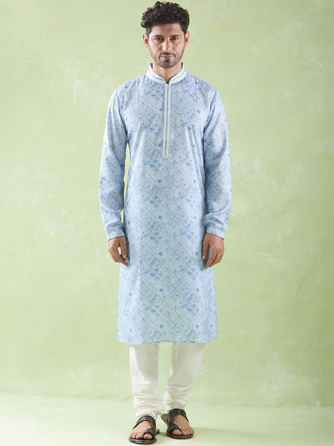 

Arihant Rai Sinha Ethnic Motifs Embroidered Mandarin Collar Straight Kurta With Churidar, Blue