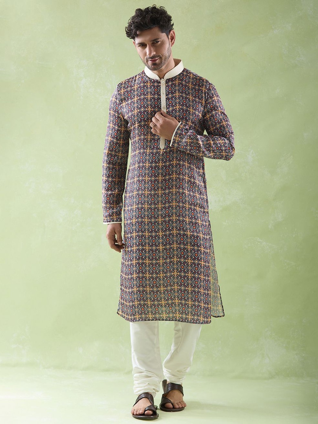 

Arihant Rai Sinha Geometric Printed Mandarin Collar Straight Kurta With Churidar, Brown