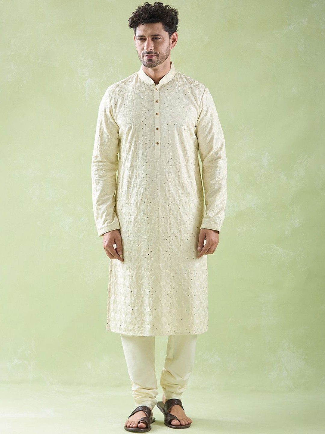 

Arihant Rai Sinha Embroidered Mandarin Collar Kurta with Churidar, Yellow
