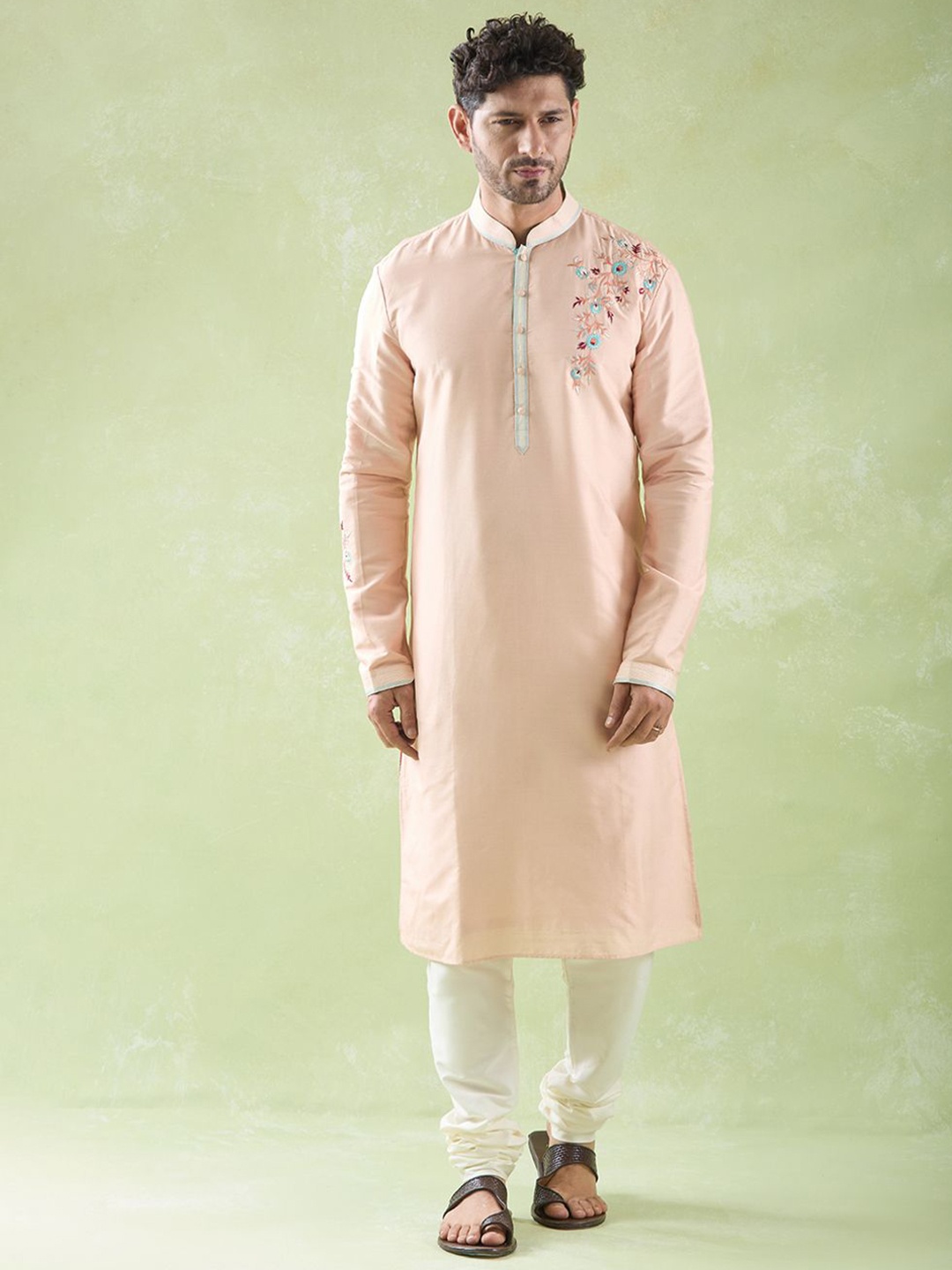 

Arihant Rai Sinha Ethnic Motifs Embroidered Pure Cotton Straight Kurta with Churidar, Pink