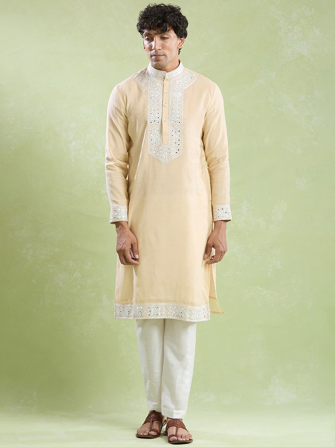 

Arihant Rai Sinha Ethnic Motifs Yoke Design Mirror Work Chanderi Cotton Kurta & Trousers, Beige