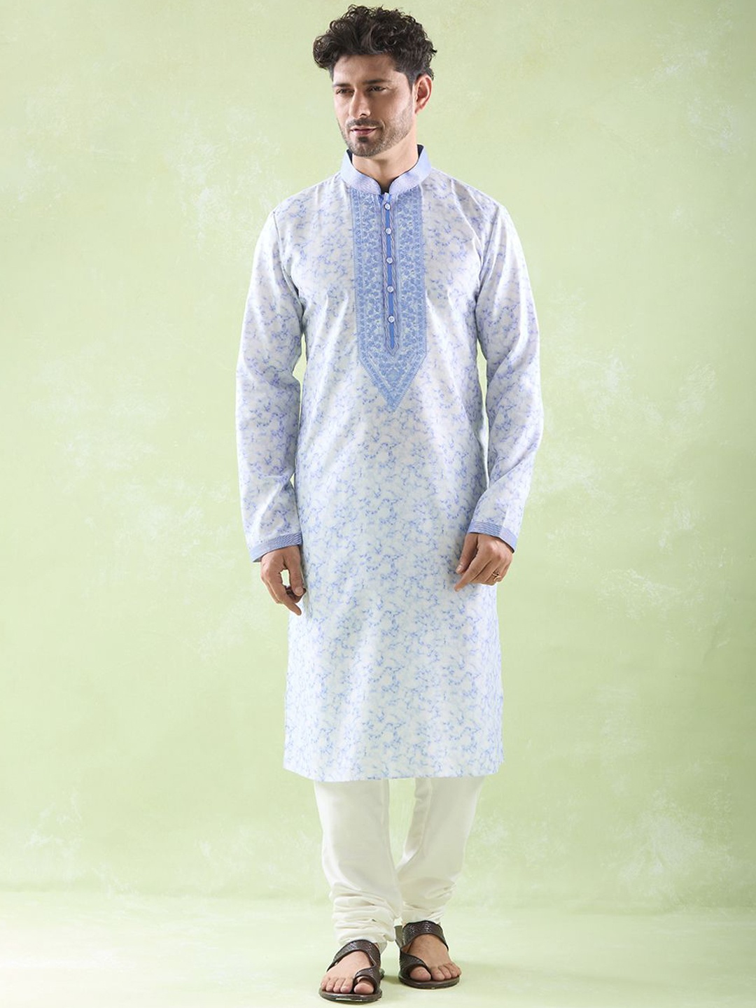 

Arihant Rai Sinha Ethnic Motifs Printed Linen Straight Kurta With Churidar, Blue