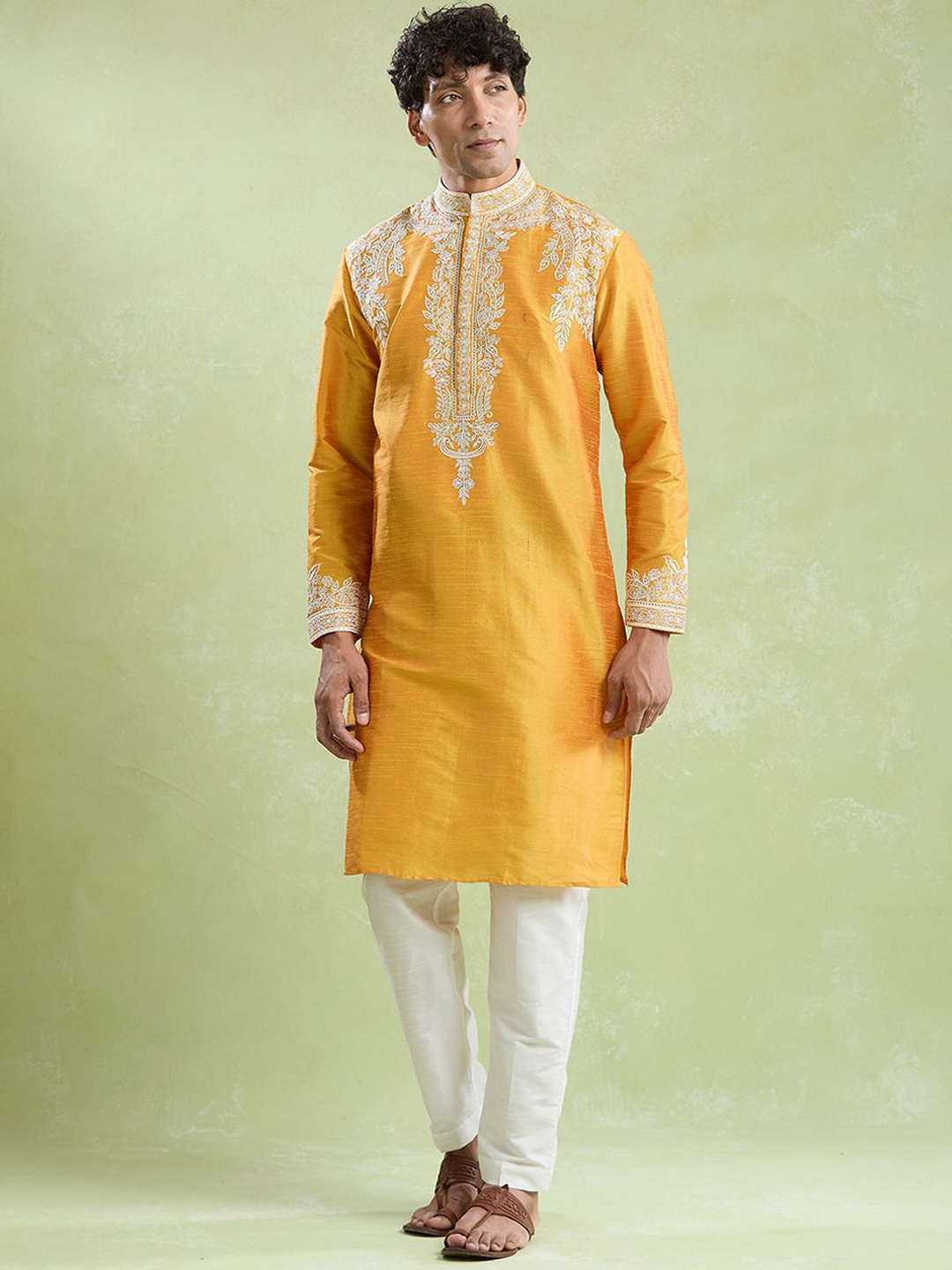 

Arihant Rai Sinha Ethnic Motifs Yoke Design Thread Work Raw Silk Kurta With Trousers, Yellow