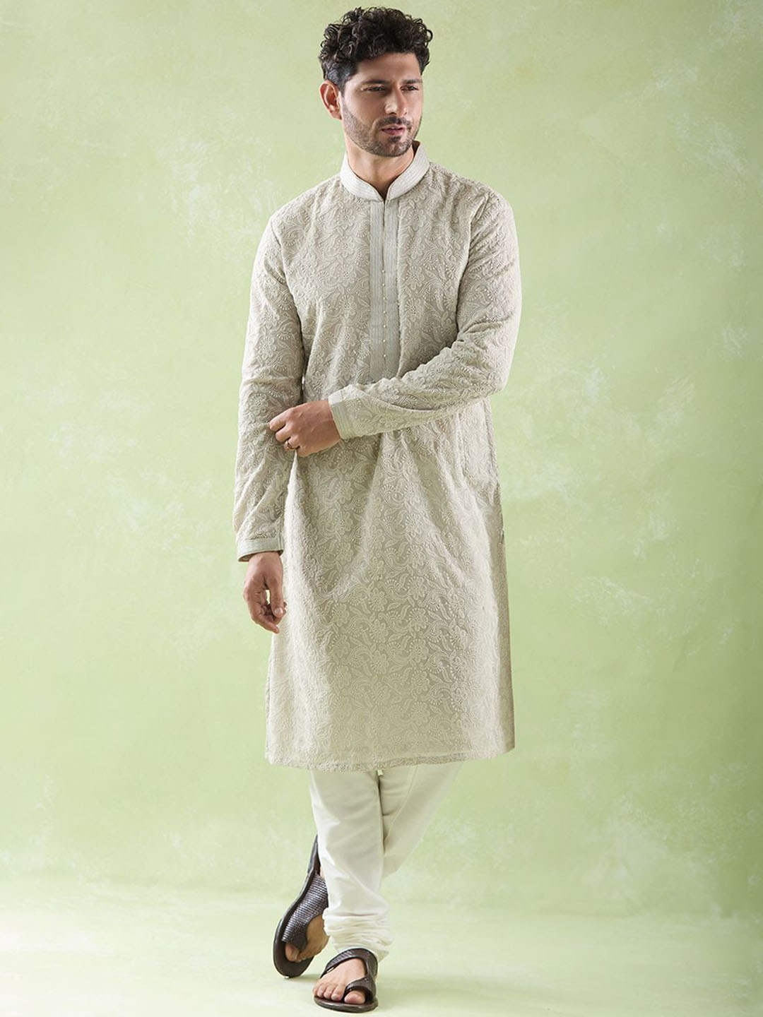 Arihant Rai Sinha Men Floral Embroidered Straight Kurta with Churidar, Grey