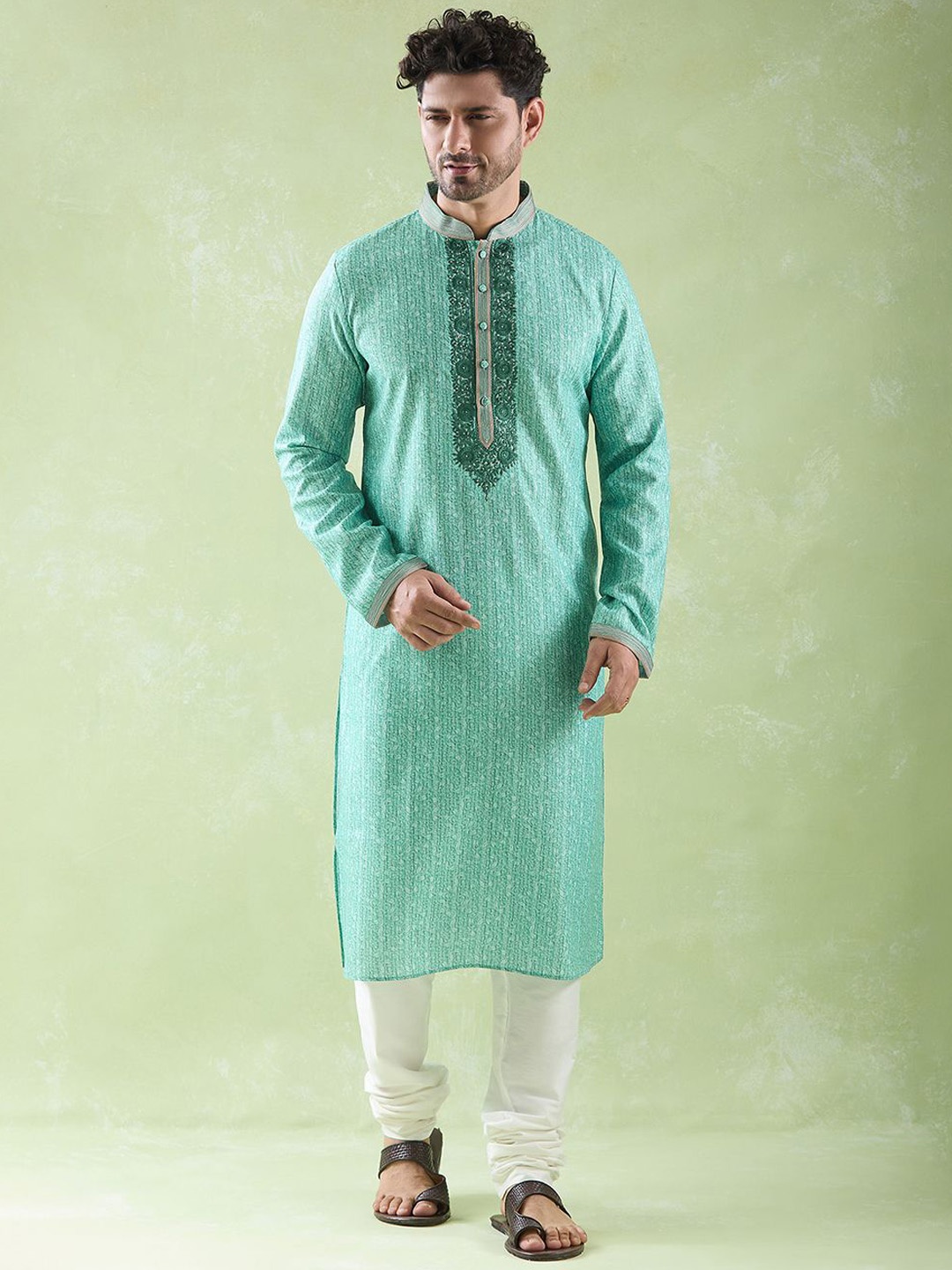 

Arihant Rai Sinha Ethnic Motifs Printed Straight Kurta with Churidar, Green