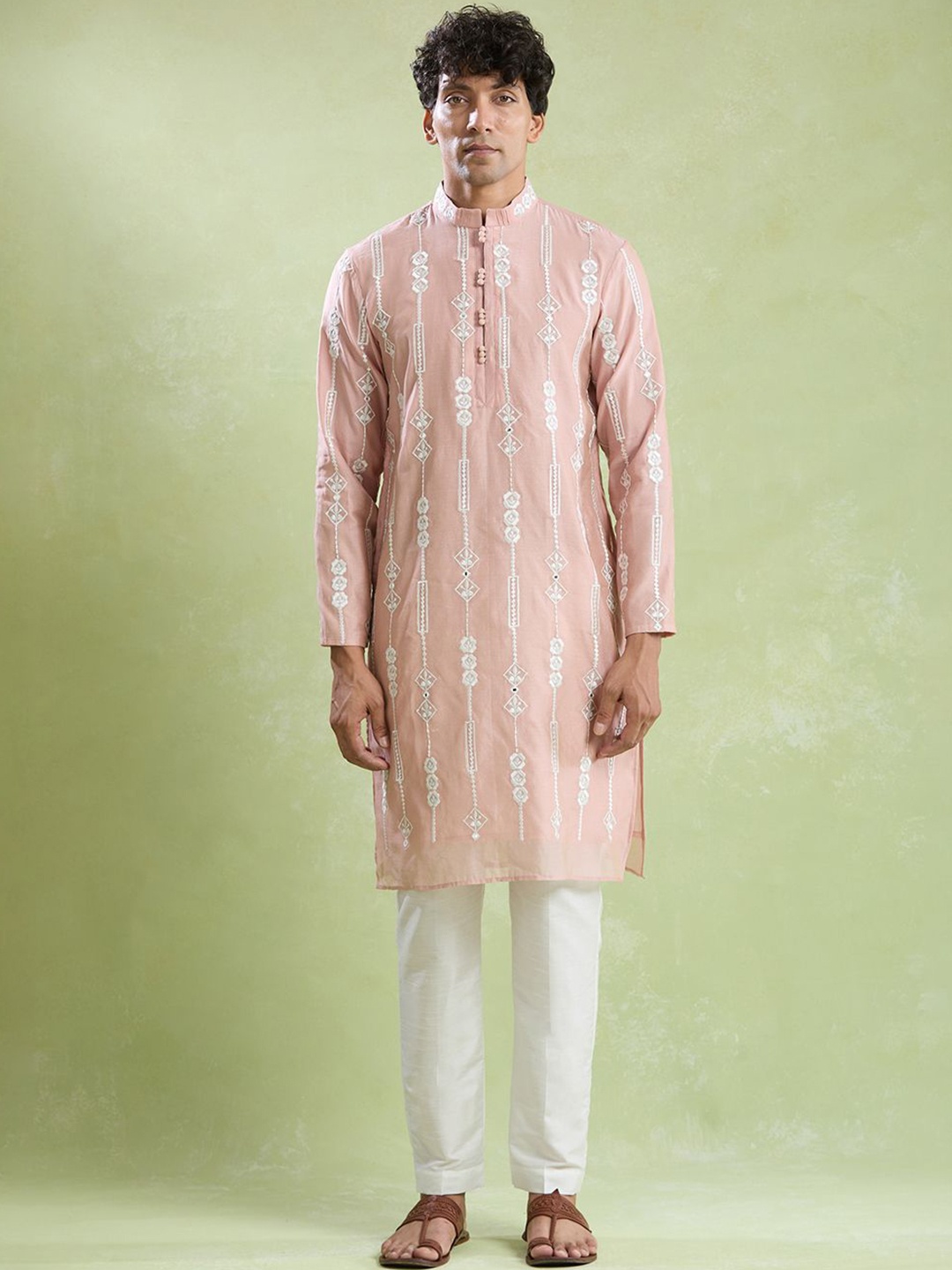 

Arihant Rai Sinha Ethnic Motifs Embroidered Chanderi Cotton Straight Kurta With Churidar, Pink