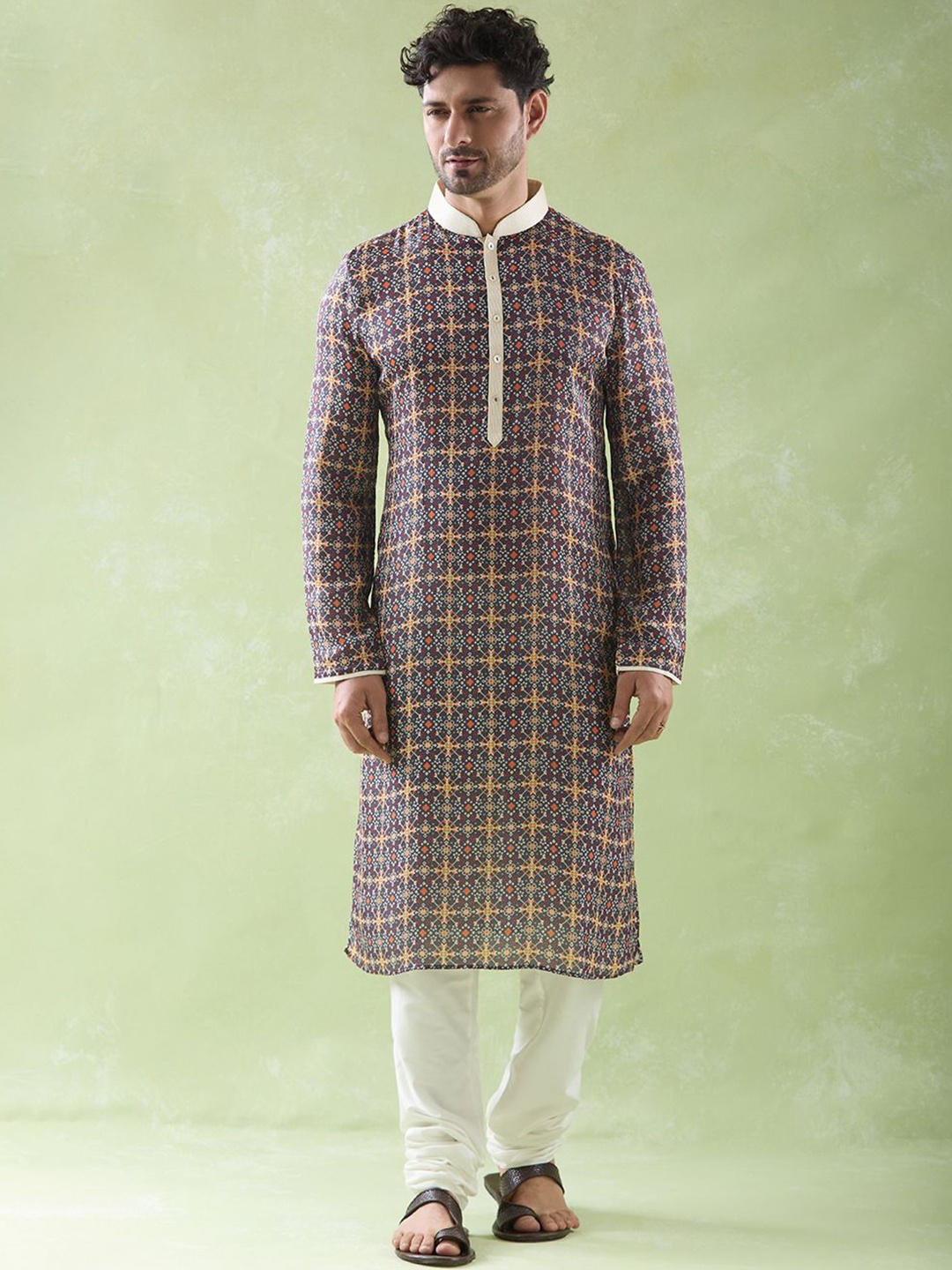 

Arihant Rai Sinha Geometric Printed Mandarin Collar Kurta with Churidar, Brown