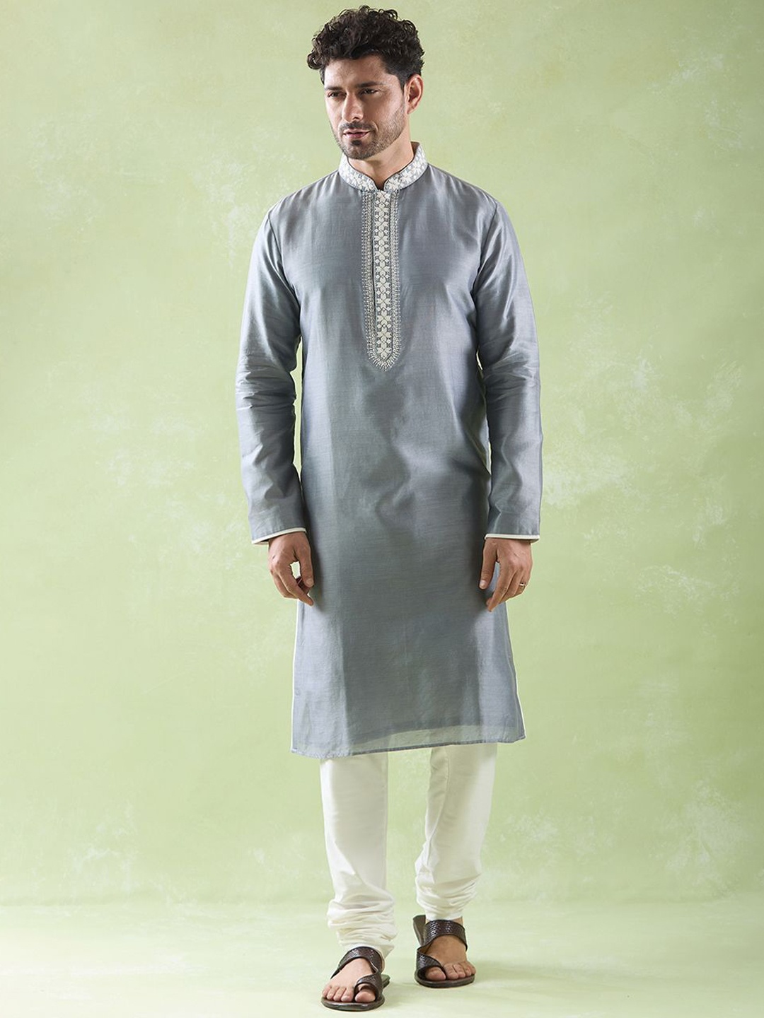

Arihant Rai Sinha Ethnic Motifs Yoke Design Thread Work Chanderi Silk Kurta With Churidar, Grey