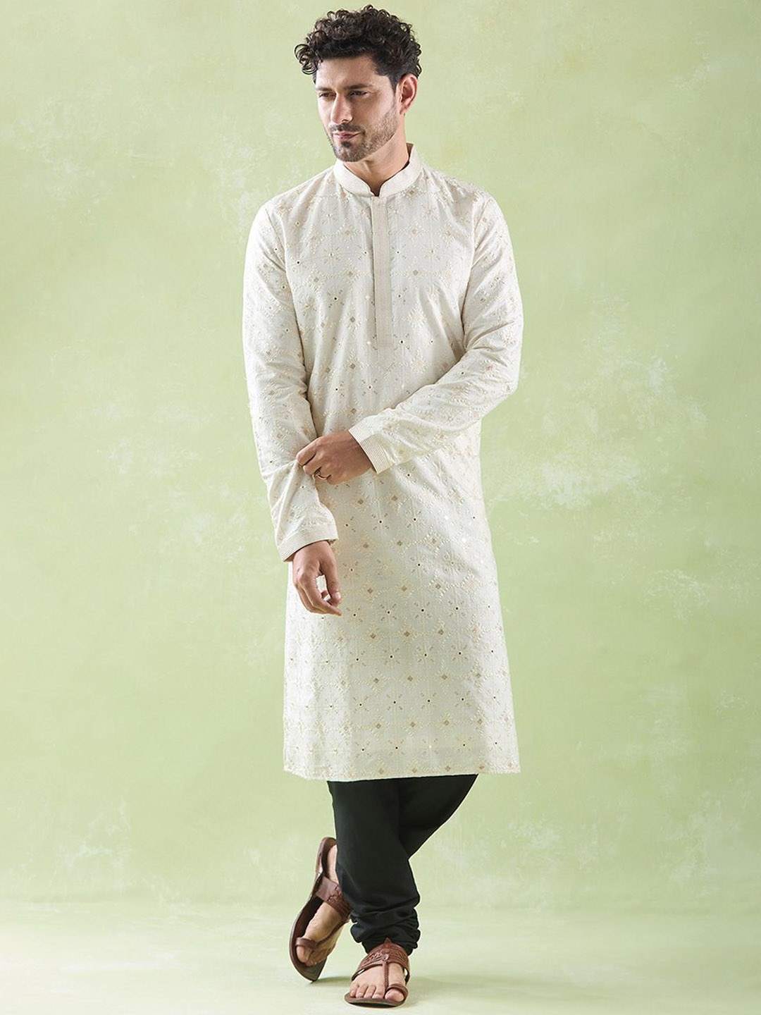 

Arihant Rai Sinha Ethnic Motifs Embroidered Pure Silk Straight Kurta With Churidar, Off white