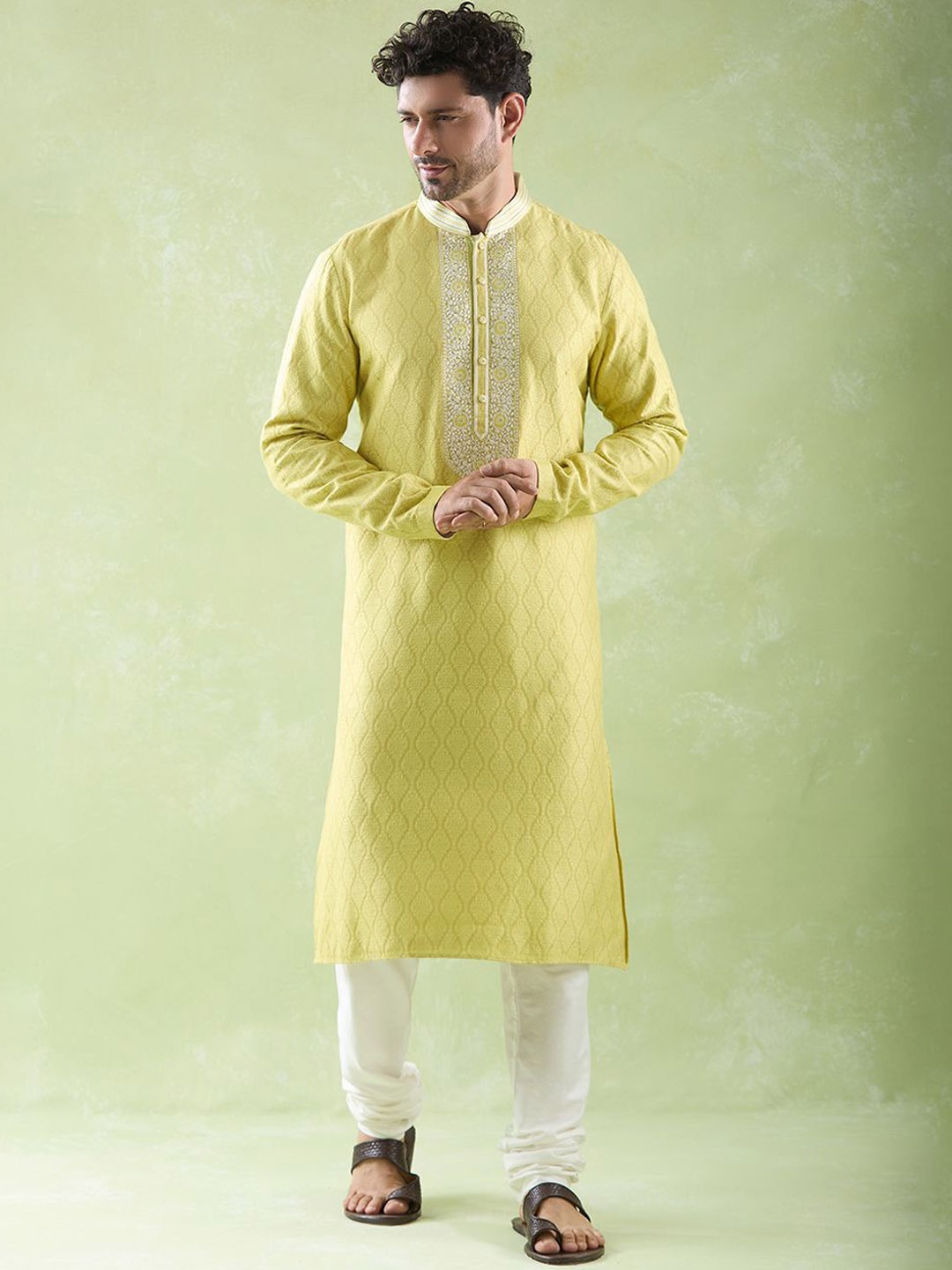 

Arihant Rai Sinha Ethnic Motifs Embroidered Pure Silk Kurta with Churidar, Yellow