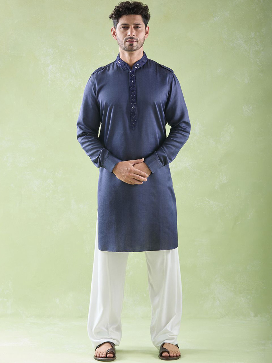 

Arihant Rai Sinha Ethnic Motifs Yoke Design Mirror Work Pure Silk Kurta with Churidar, Blue