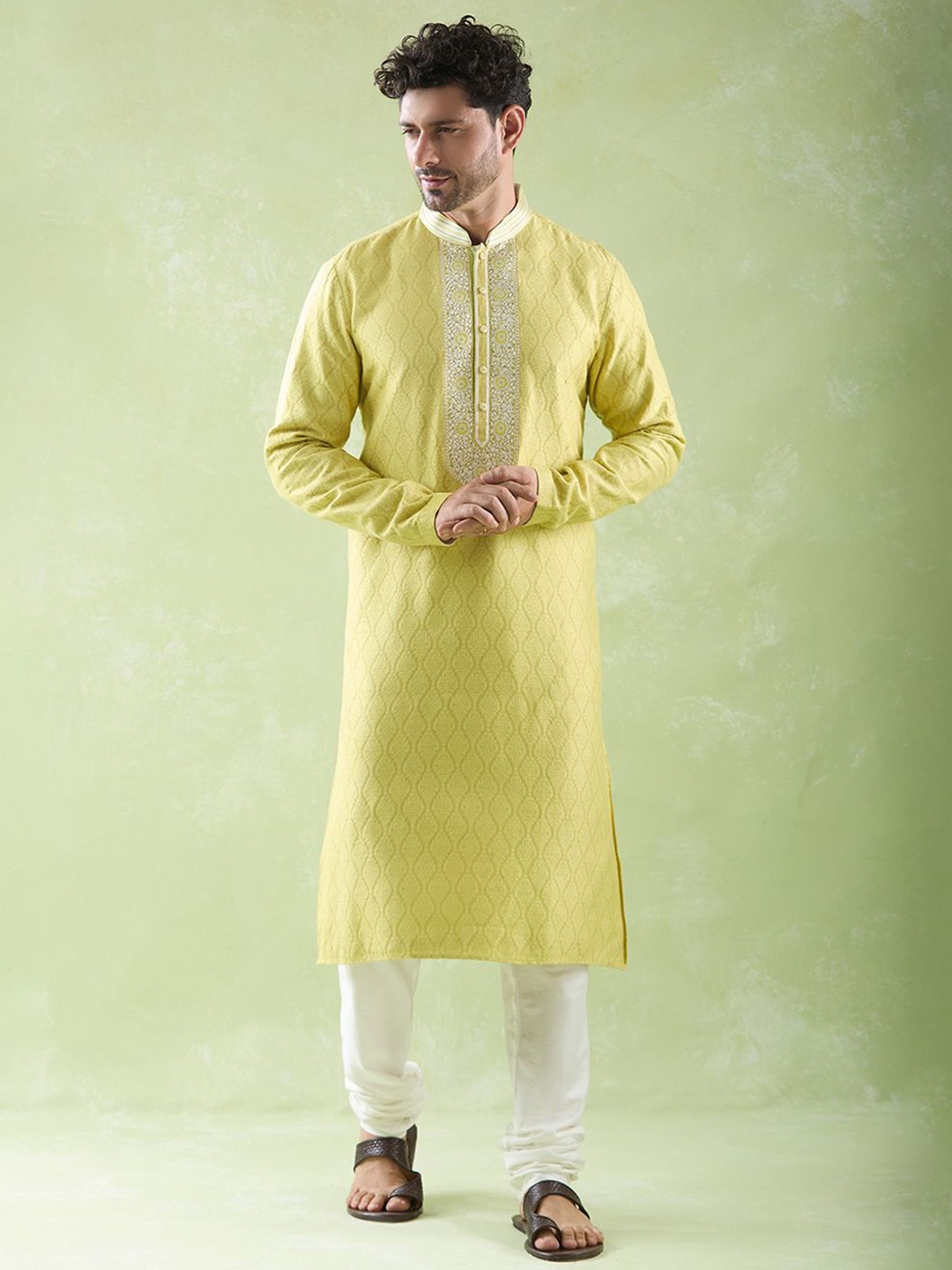 

Arihant Rai Sinha Floral Embroidered Pure Silk Kurta with Churidar, Yellow