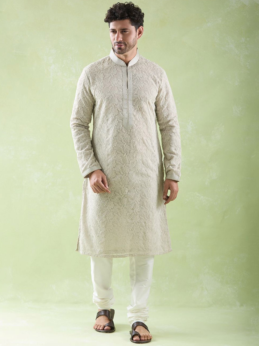 

Arihant Rai Sinha Ethnic Motifs Embroidered Straight Kurta with Churidar, Grey