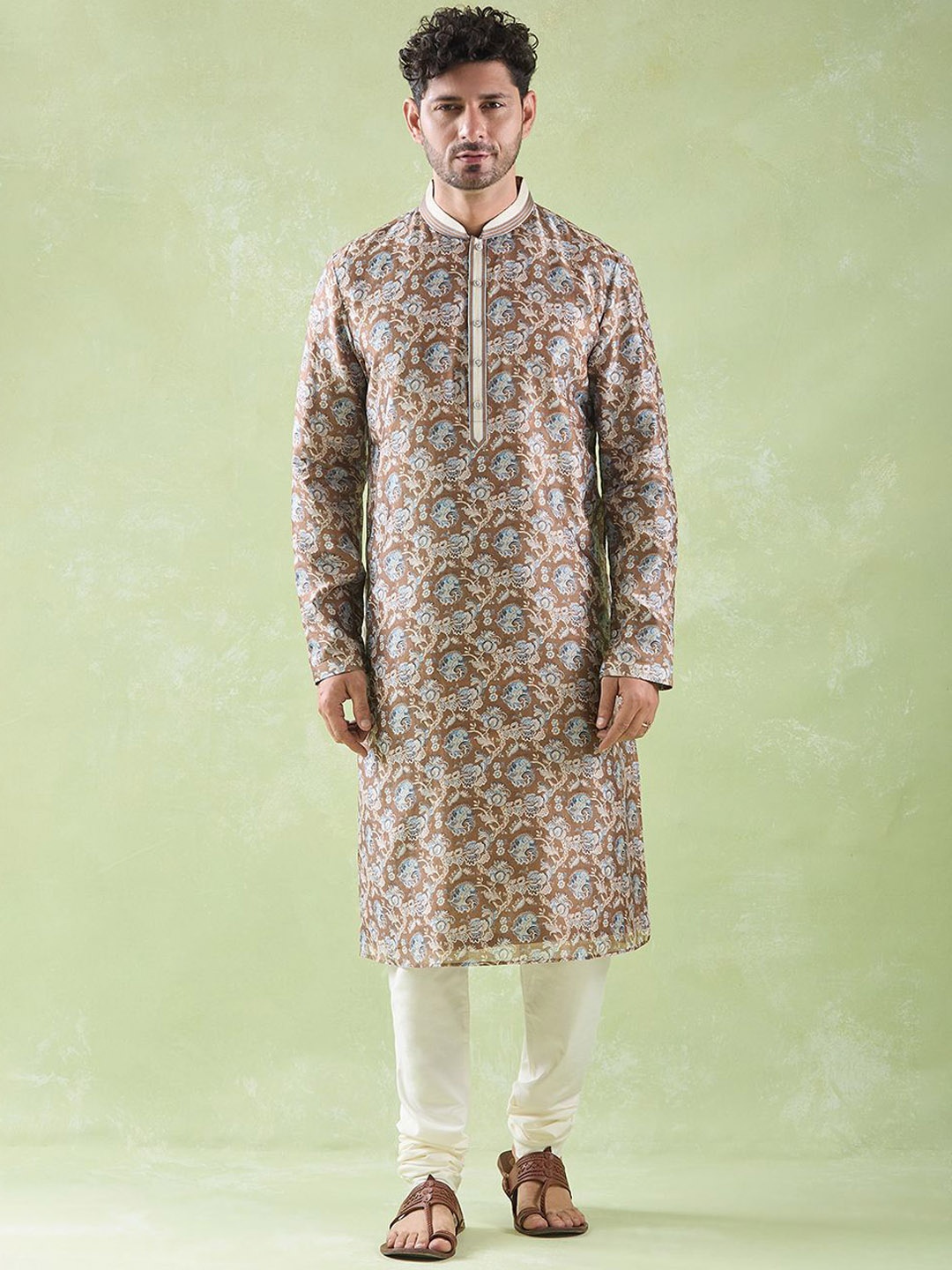 

Arihant Rai Sinha Floral Printed Chanderi Silk Kurta With Churidar, Brown