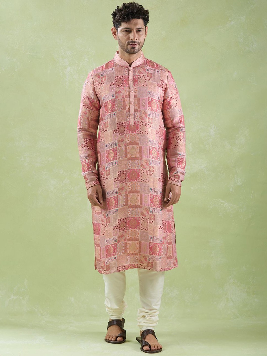 Arihant Rai Sinha Ethnic Motifs Printed Mandarin Collar Straight Kurta With Churidar, Pink