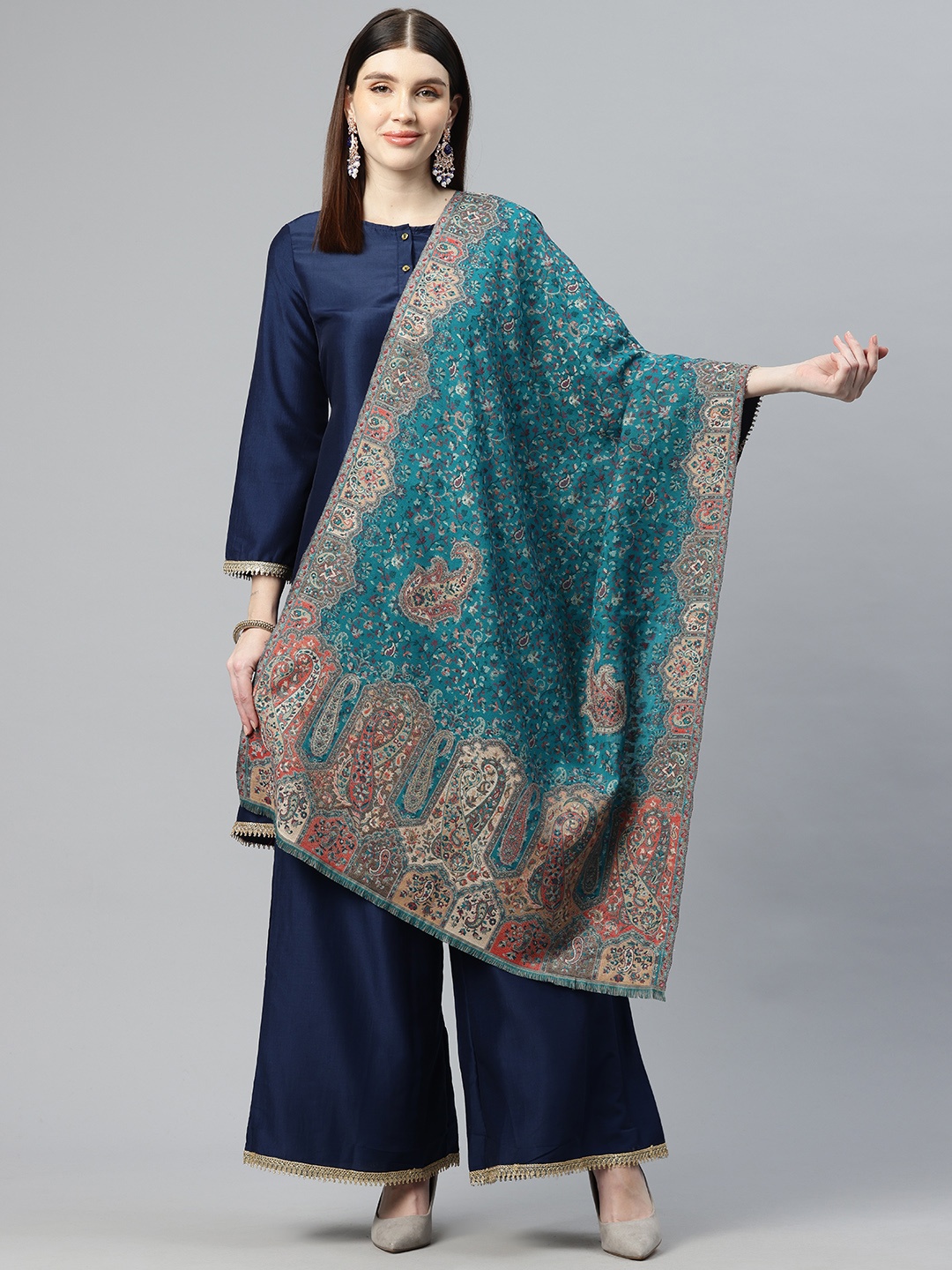 

SWI Stylish Paisley Kani Woven Design Stole, Sea green