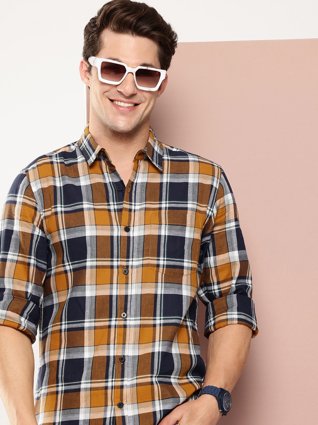 

Harvard Tartan Checked Twill Weave Casual Shirt, Mustard