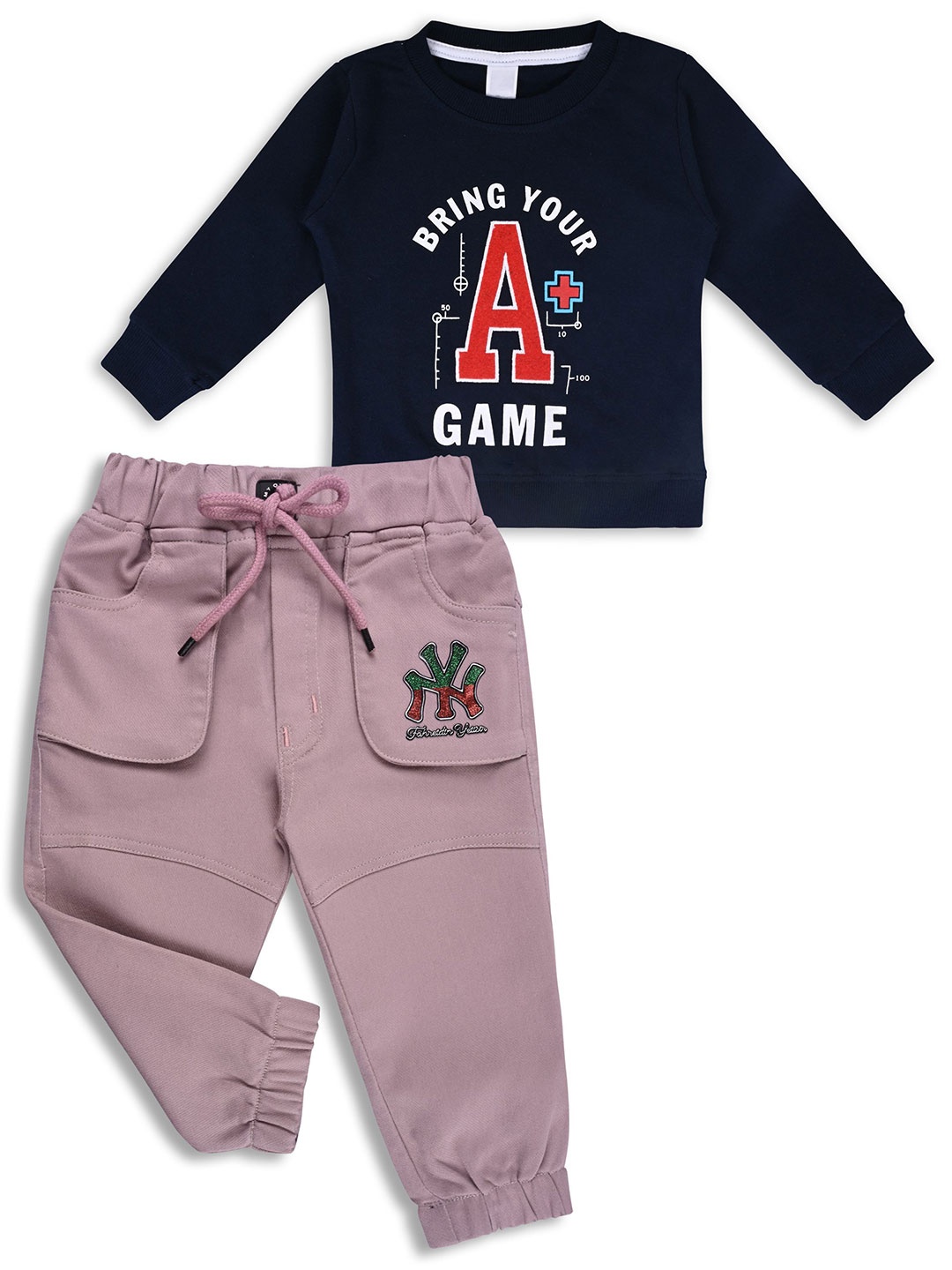

Wish Karo Boys Printed Round Neck Long Sleeves Sweatshirt With Jogger, Navy blue