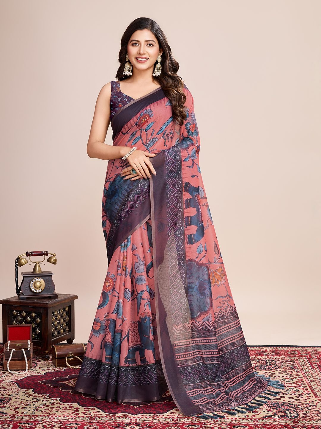 

Nimidiya Women Floral Printed Saree With Blouse Piece, Peach