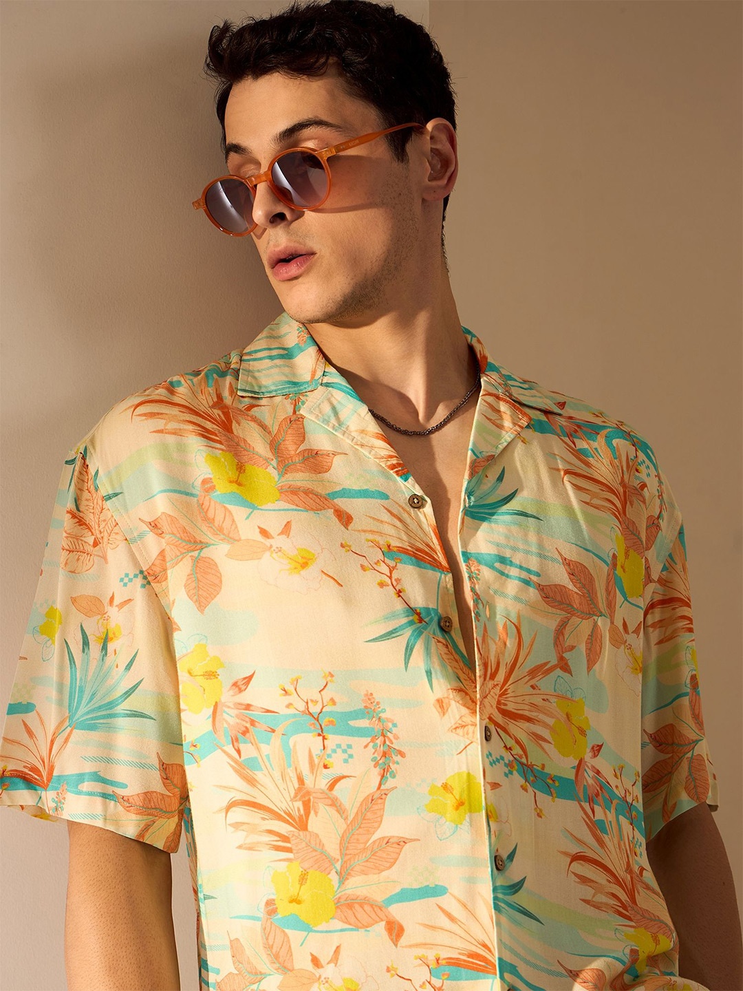 

DENNISON Men Floral Printed Drop Shoulder Oversized Shirt, Cream
