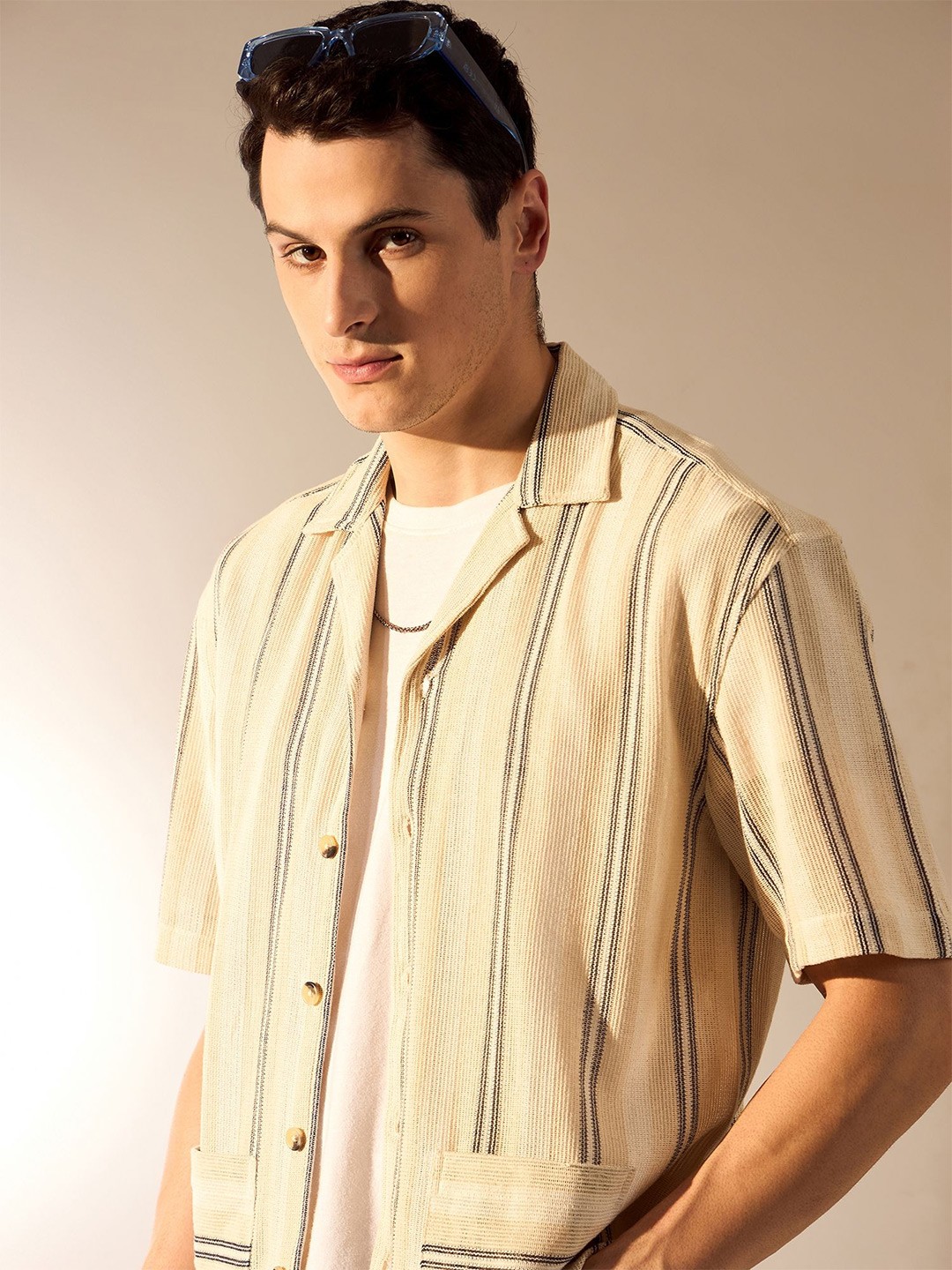 

DENNISON Men Vertical Striped Oversized Crochet Shirt, Beige