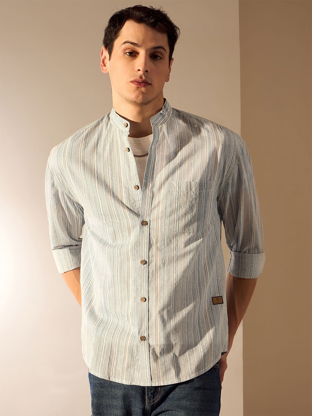 

DENNISON Men Aspect Striped Mandarin Collar Oversized Shirt, Cream
