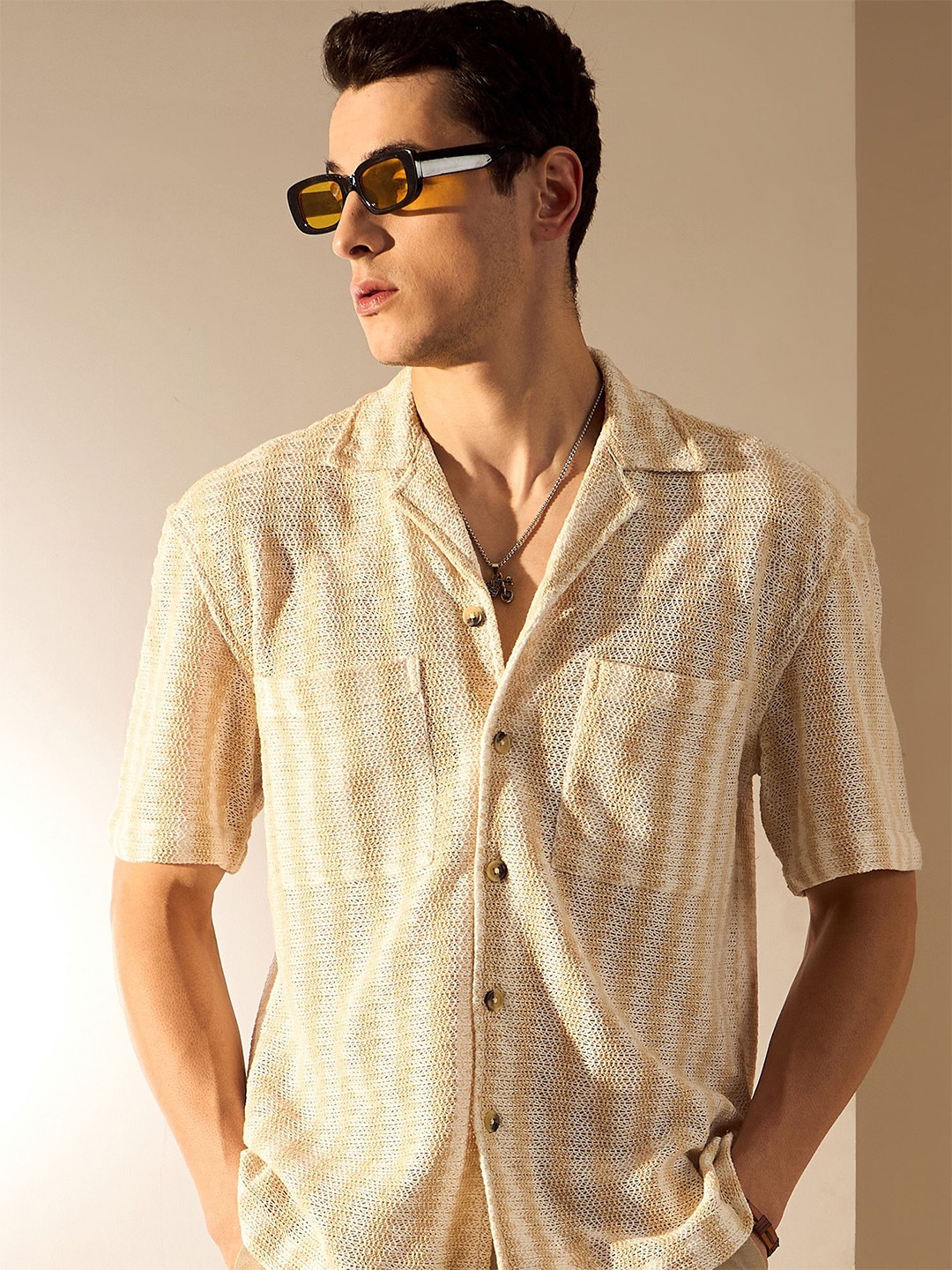 

DENNISON Men Zig Zag Striped Oversized Crochet Shirt, Beige