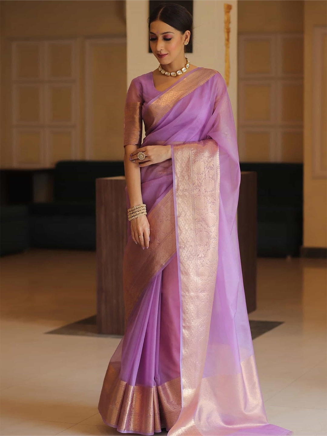 

Mitera Woven Design Zari Organza Kanjeevaram Saree, Purple