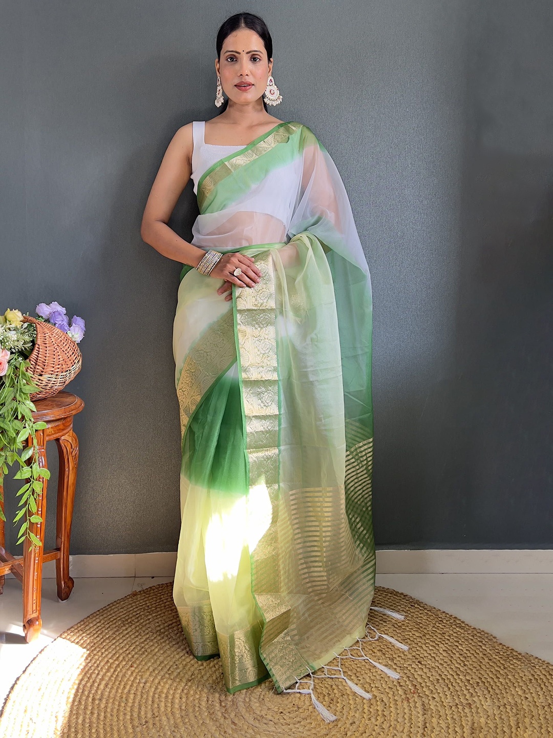 

Mitera Ombre Zari Leheriya Saree, Green