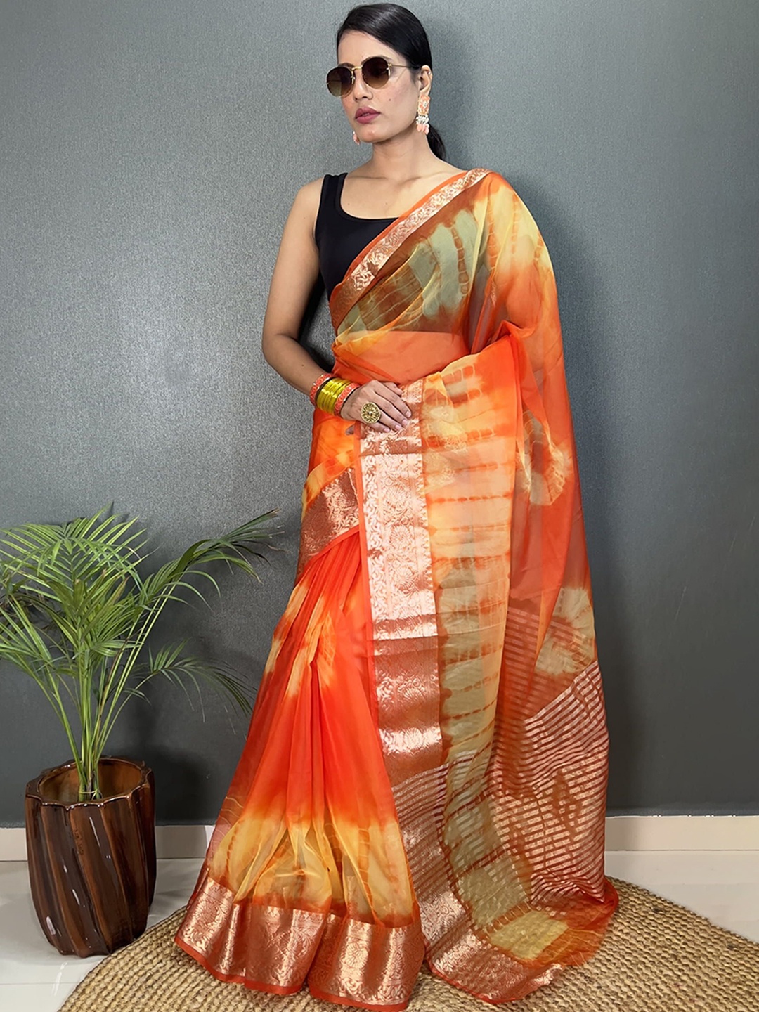 

Mitera Women Tie and Dye Zari Organza Saree, Orange