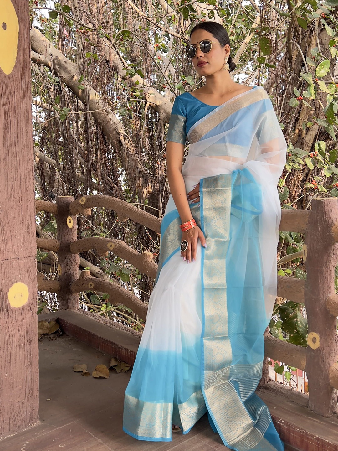 

Mitera Ombre Zari Organza Leheriya Saree, Blue