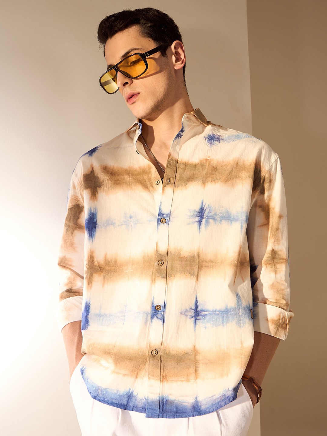 

DENNISON Men Tie and Dyed Cotton Oversized Shirt, Beige