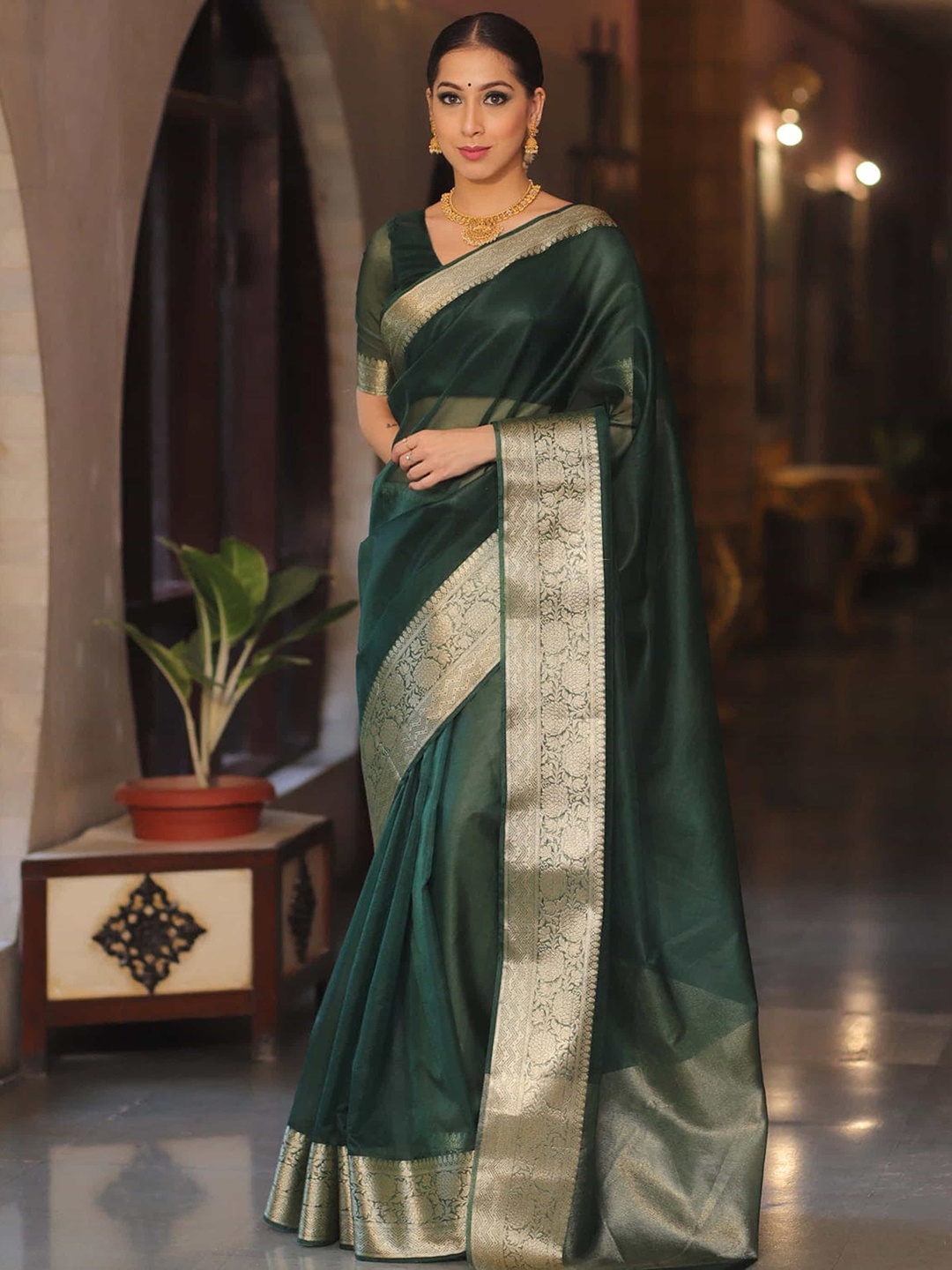 

Mitera Zari Organza Kanjeevaram Saree, Green