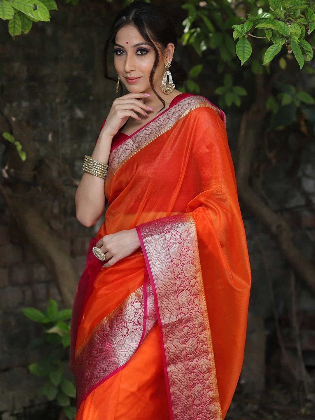 

Mitera Woven Design Zari Organza Kanjeevaram Saree, Orange
