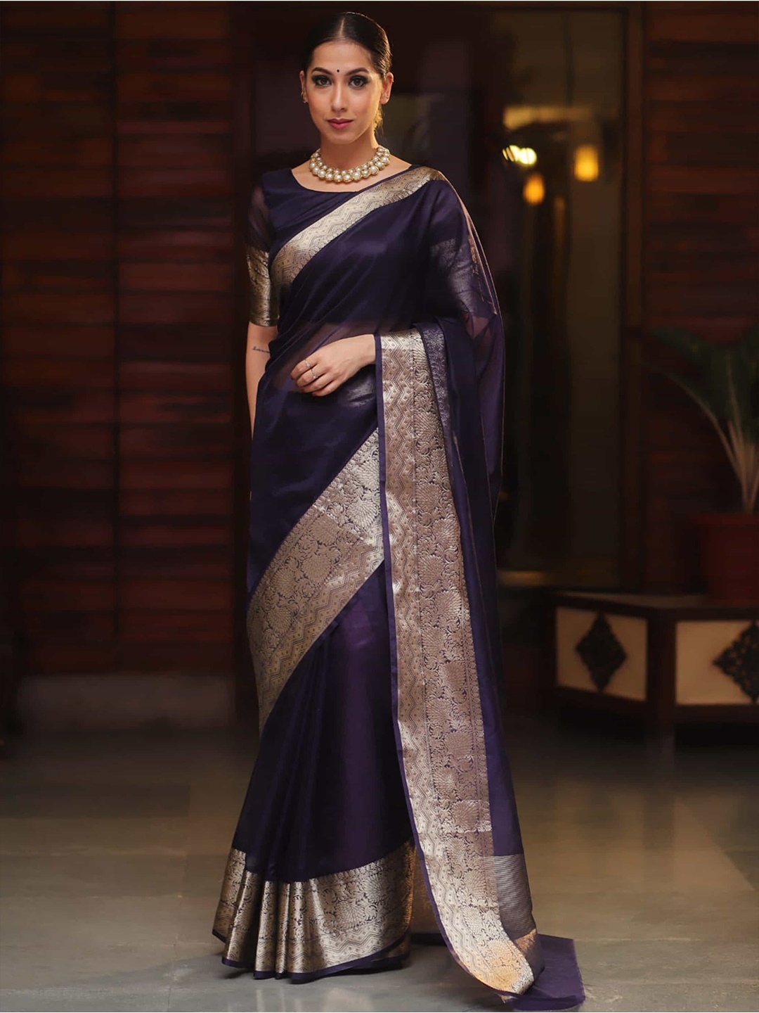 

Mitera Zari Organza Kanjeevaram Saree, Blue