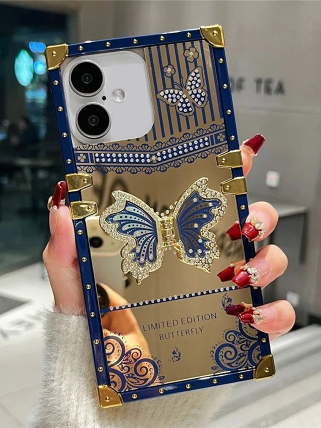 

Luxury Kase Sequined LK162 Elegant Butterfly Stand Back Mirror iPhone 16 Back Case, Gold