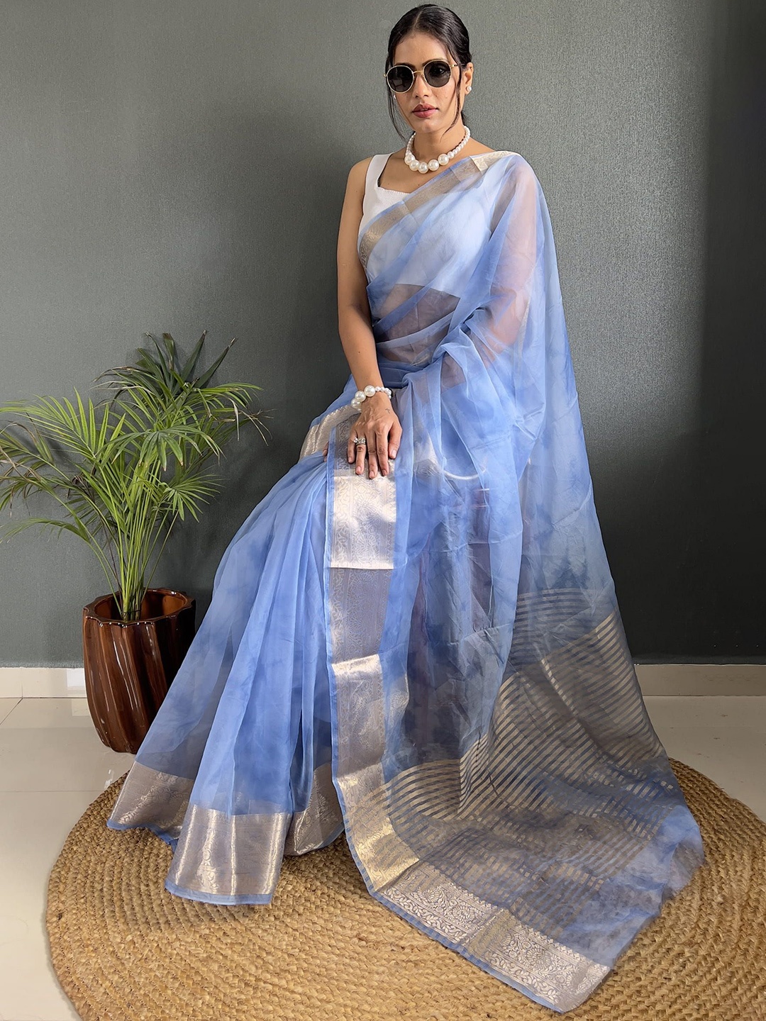 

Mitera Zari Organza Kanjeevaram Saree, Blue