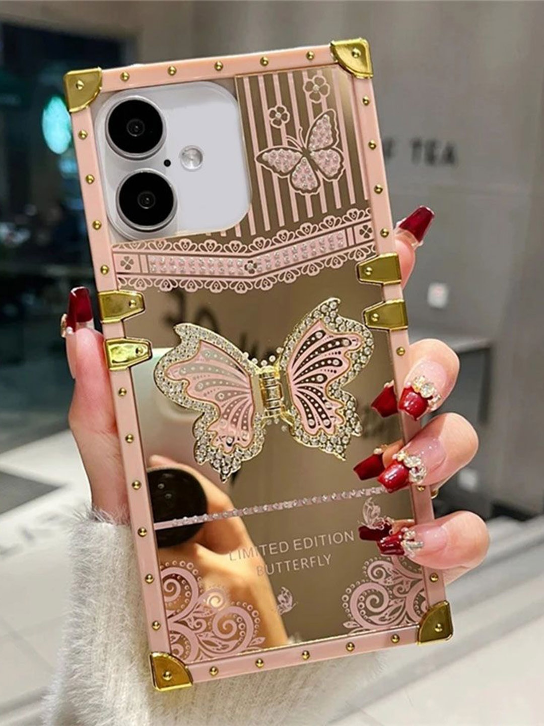 

Luxury Kase Sequined LK162 Elegant Butterfly Stand Back Mirror Phone 16 Back Case, Gold