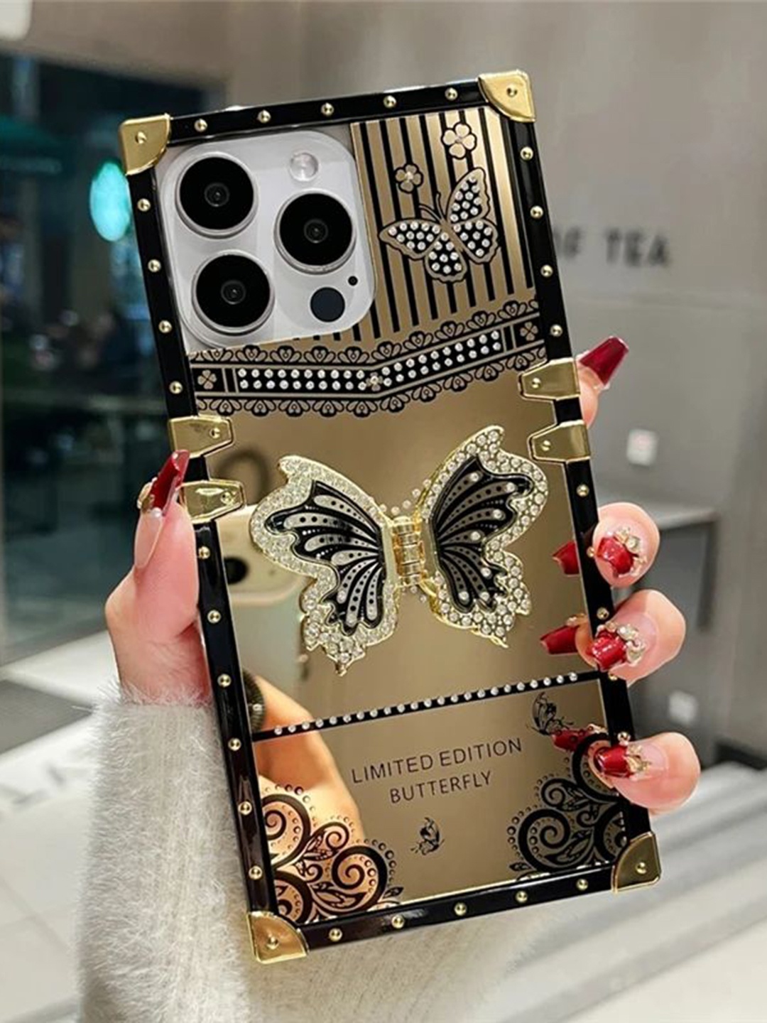 

Luxury Kase Sequined LK162 Elegant Butterfly Stand Back Mirror iPhone 16 Pro Max Back Case, Gold