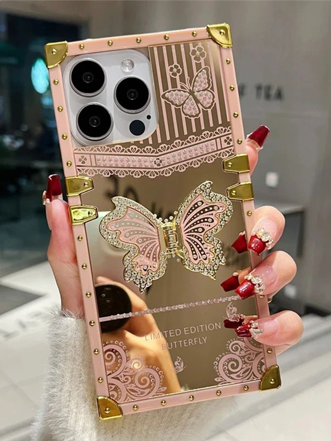 

Luxury Kase Butterfly Stand Back Mirror iPhone 16 Pro Back Case, Rose gold