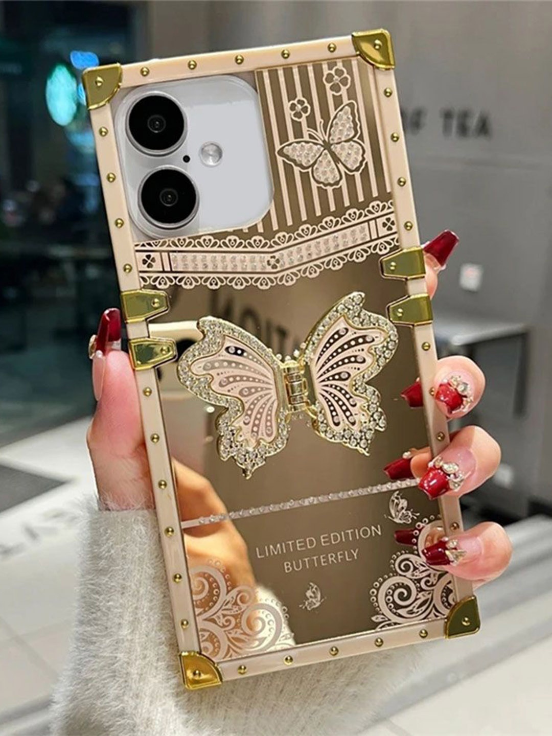 

Luxury Kase Sequined LK162 Elegant Butterfly Stand Back Mirror iPhone 16 Plus Back Case, Gold