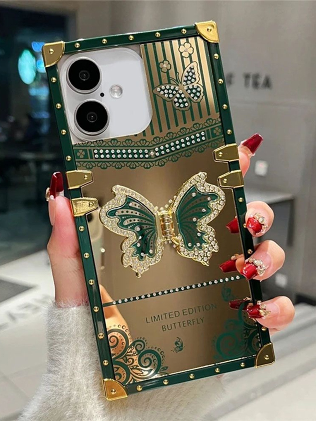 

Luxury Kase Sequined LK162 Elegant Butterfly Stand Back Mirror iPhone 16 Plus Back Case, Gold